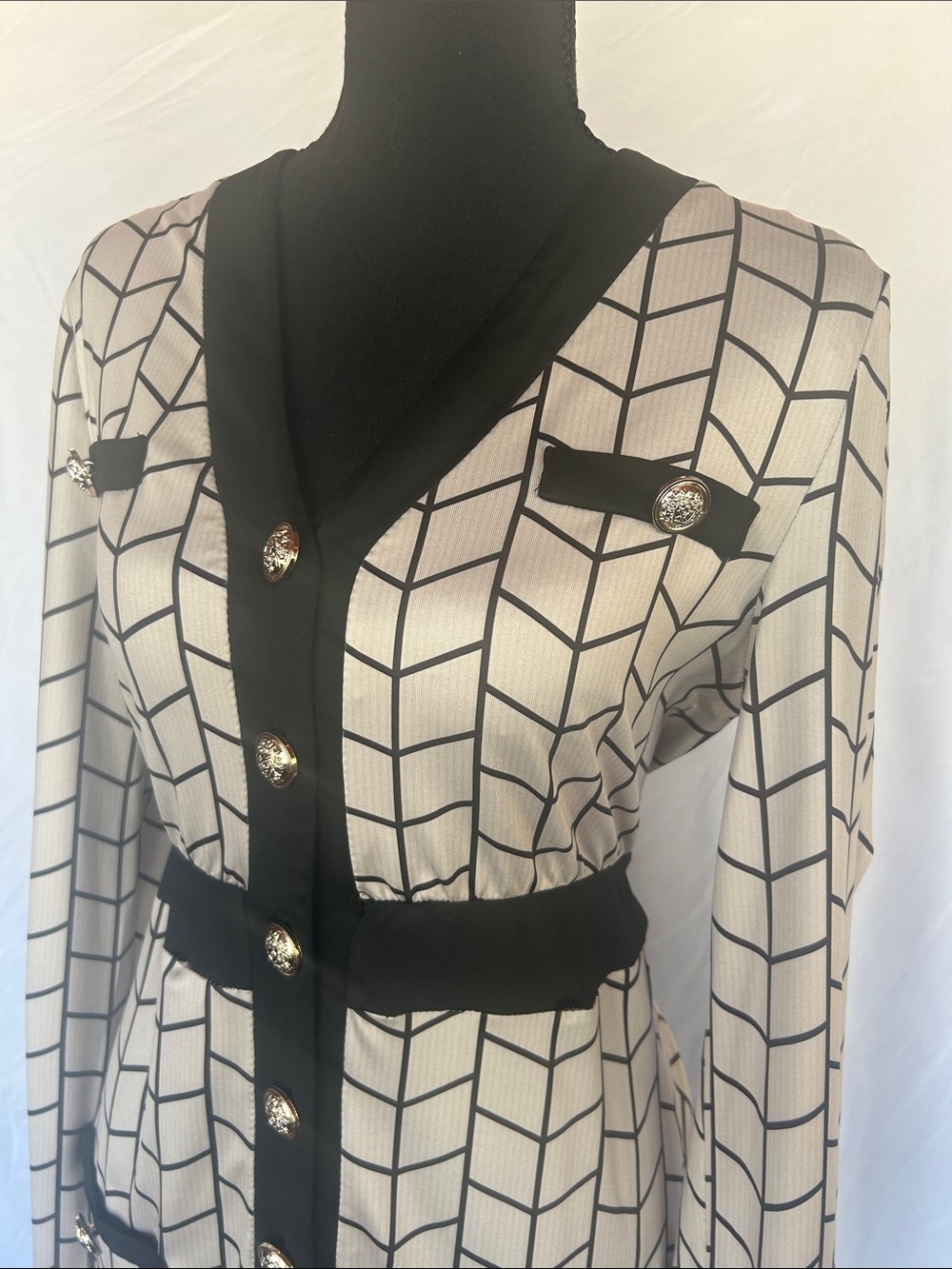Cream and Black Long-Sleeve Geometric Button-Front Dress